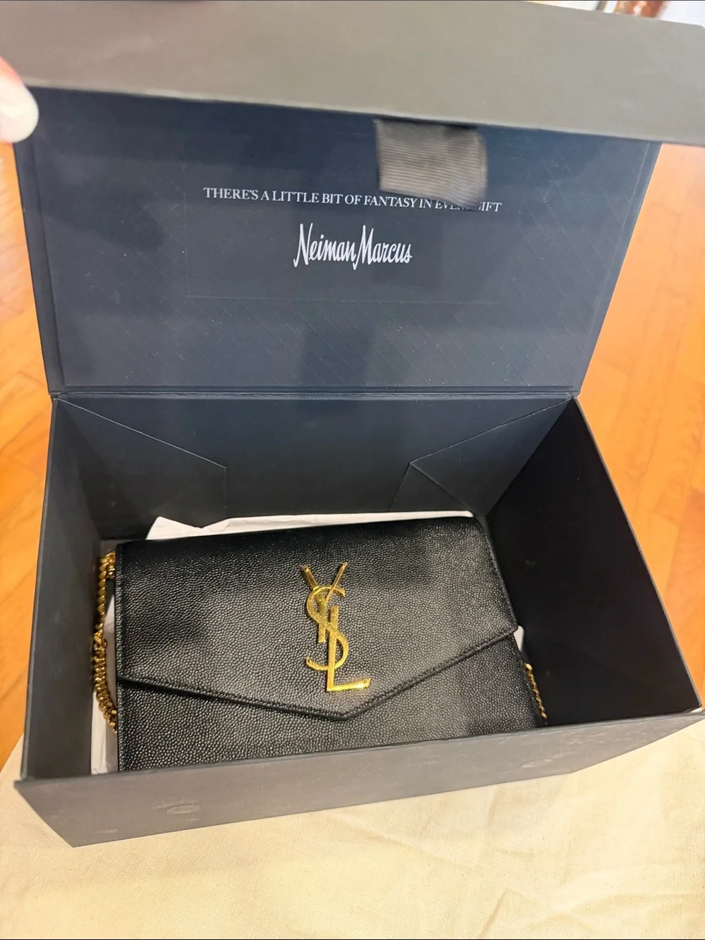 YSL Yves Saint Laurent Black Grain Leather Wallet-on-Chain with Gold Logo